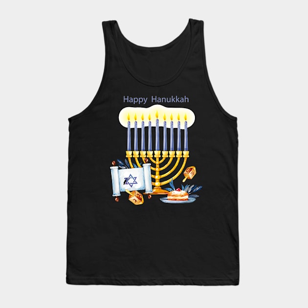 Happy Hanukkah Watercolor Tank Top by Mako Design 